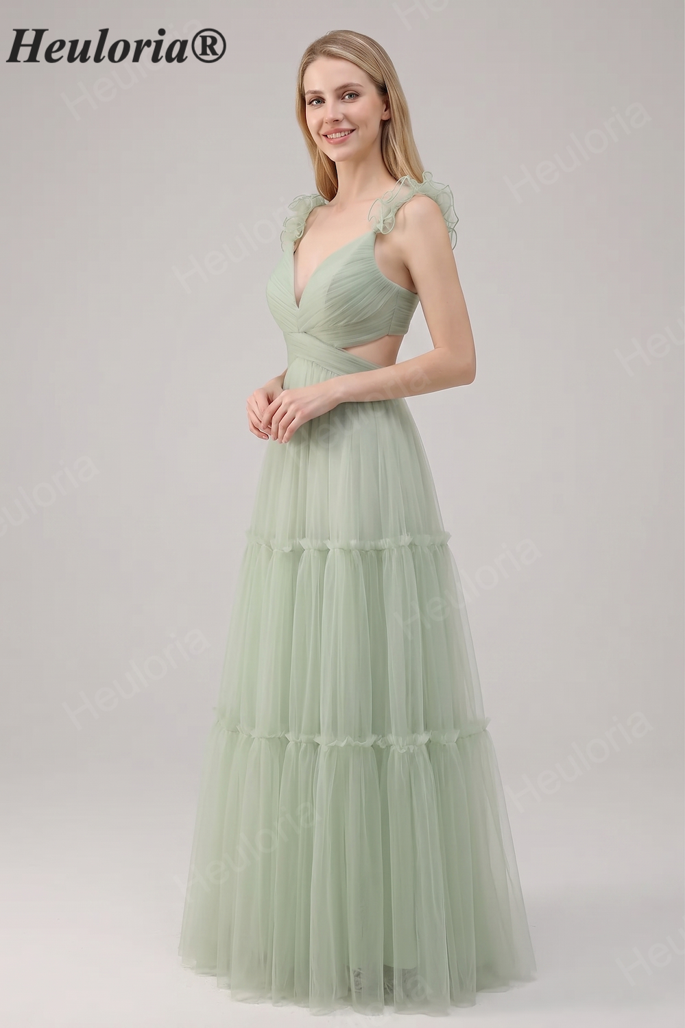 HEULORIA Romantic Dusty Sage Tiered Tulle V-Neck Prom Dress with Floral Ruffled Straps ED-561