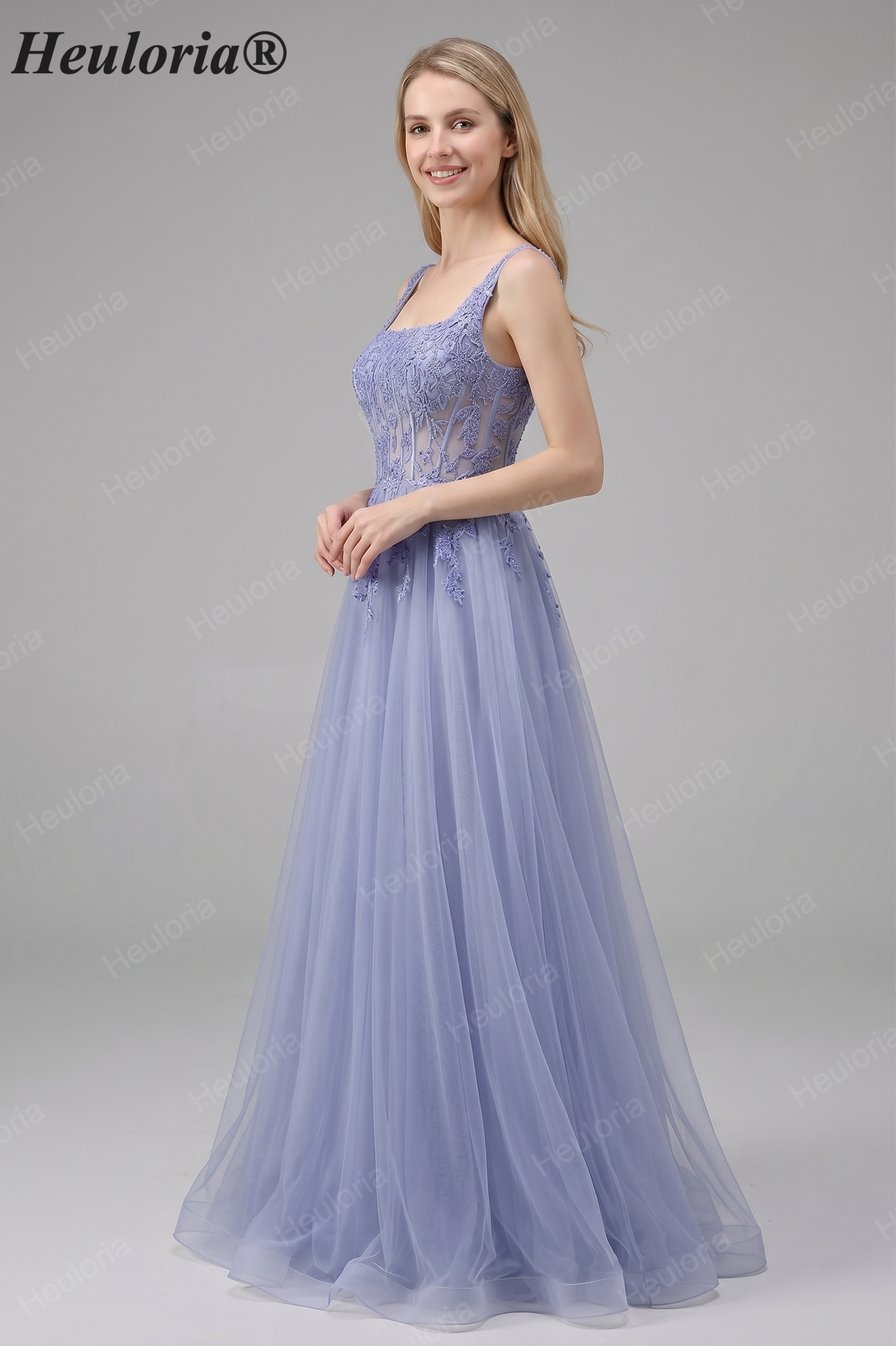 Heuloria Romantic Square Neck Lavender Lace A-Line Tulle Prom Dress with Illusion Corset Bodice ED-502
