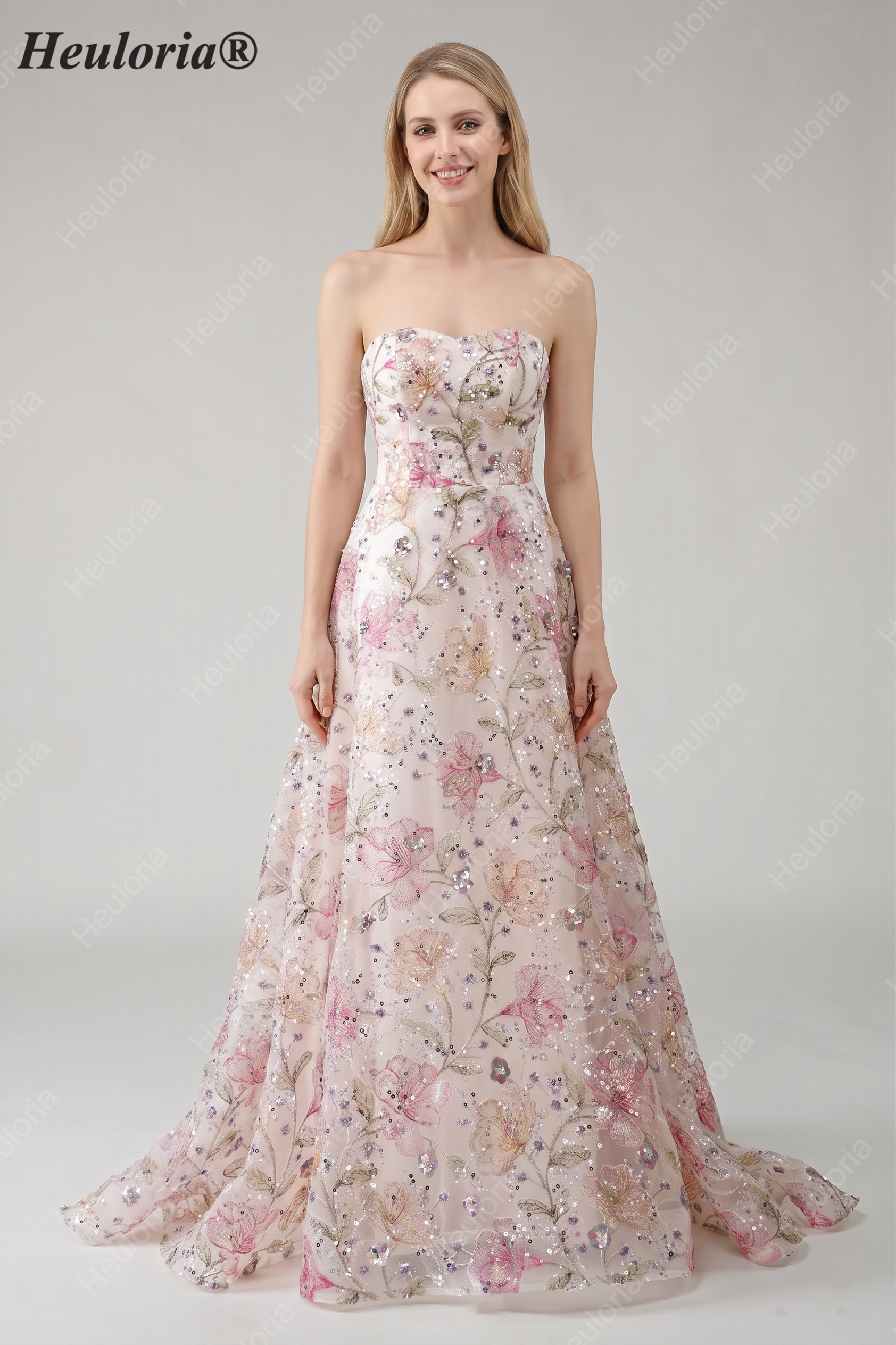 HEULORIA Enchanting Strapless Floral Embroidery Sequined A-Line Evening Gown - Romantic Prom & Wedding Guest Dress ED-643 Imagen principal del producto