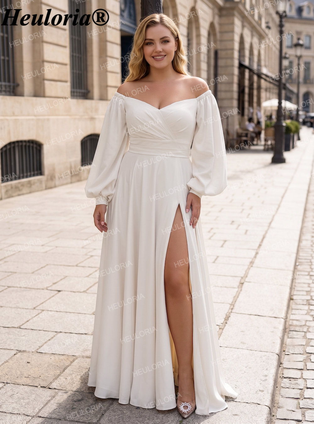 HEULORIA Elegant Heavy Chiffon Off-the-Shoulder Wedding Dress | High Slit Bridal Gown AL-QK190