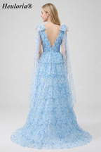 HEULORIA Ethereal Light Blue Floral Print Tiered Tulle Evening Gown with Tie-Up Shoulders ED-580