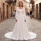 HEULORIA Elegant Square Neck Long Sleeve Crepe A-Line Wedding Dress with Deep V-Back AL-QK212