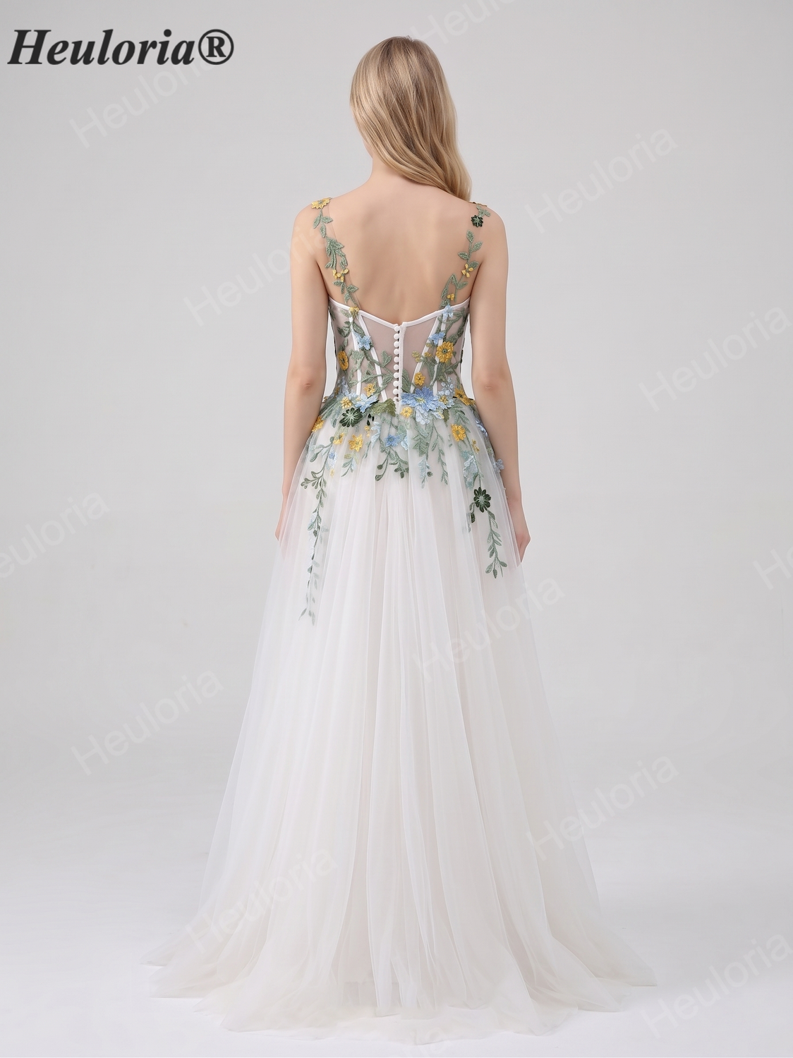 HEULORIA Whimsical 3D Floral Embroidery Corset A-Line Tulle Formal Gown with Illusion Bodice ED-679