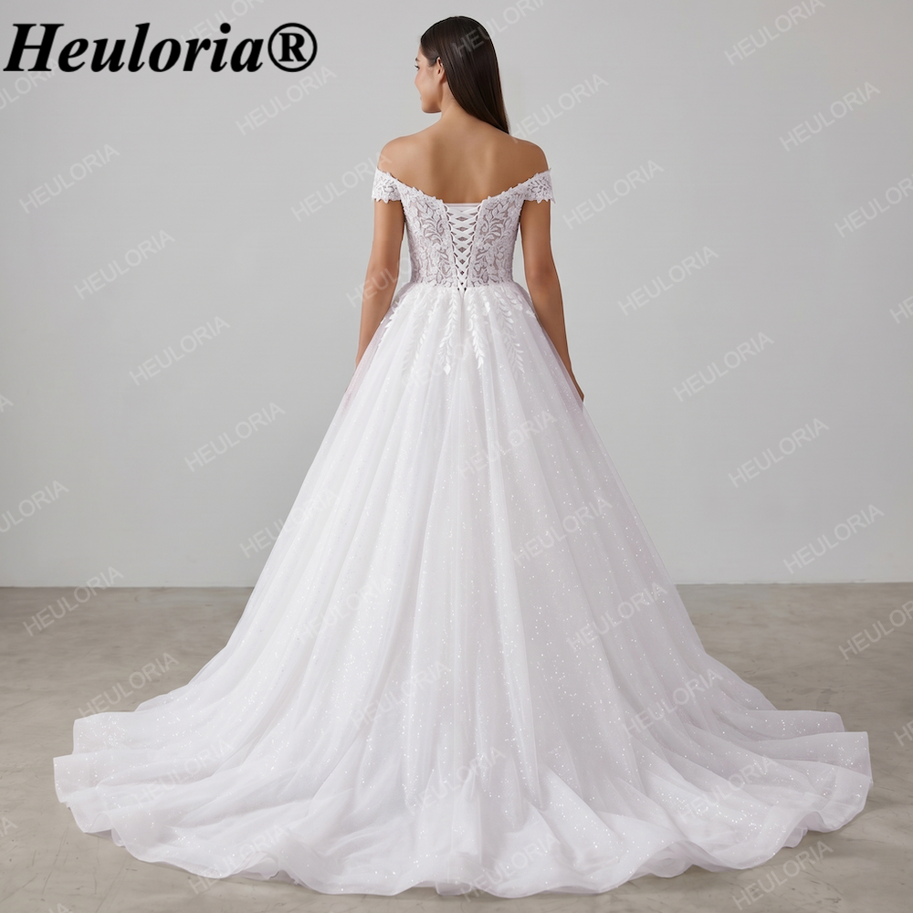 Off-the-Shoulder Lace & Glitter Tulle Ball Gown Wedding Dress BA-141 Imagen secundaria del producto