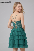 HEULORIA Dark Green Lace Tiered Homecoming Dress - Sequined Bodice with Spaghetti Straps ED-298