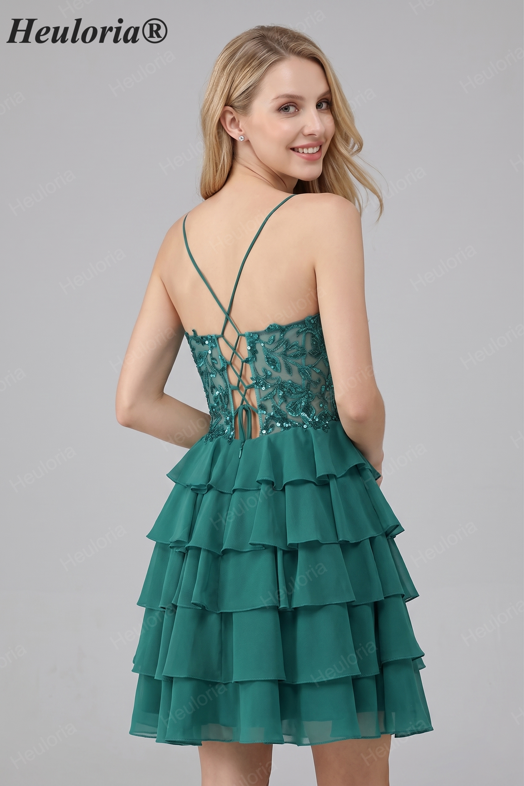 HEULORIA Dark Green Lace Tiered Homecoming Dress - Sequined Bodice with Spaghetti Straps ED-298