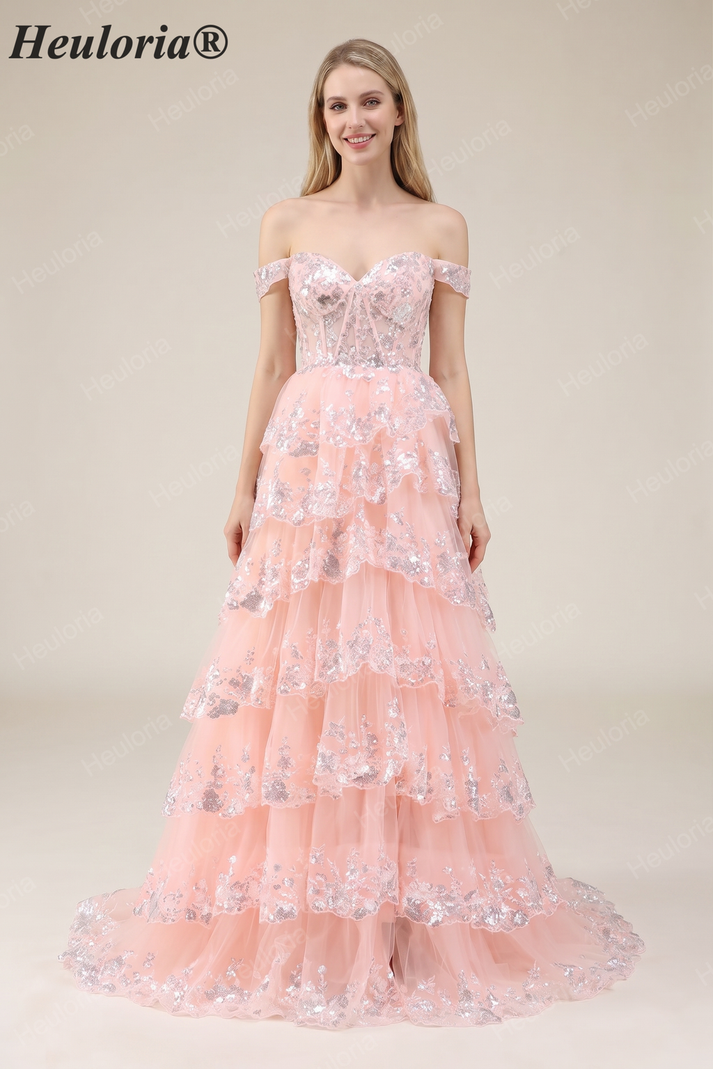 HEULORIA Off-the-Shoulder Tiered Tulle Prom Dress with Shimmering Sequins - Romantic Floor-Length Evening Gown ED-365
