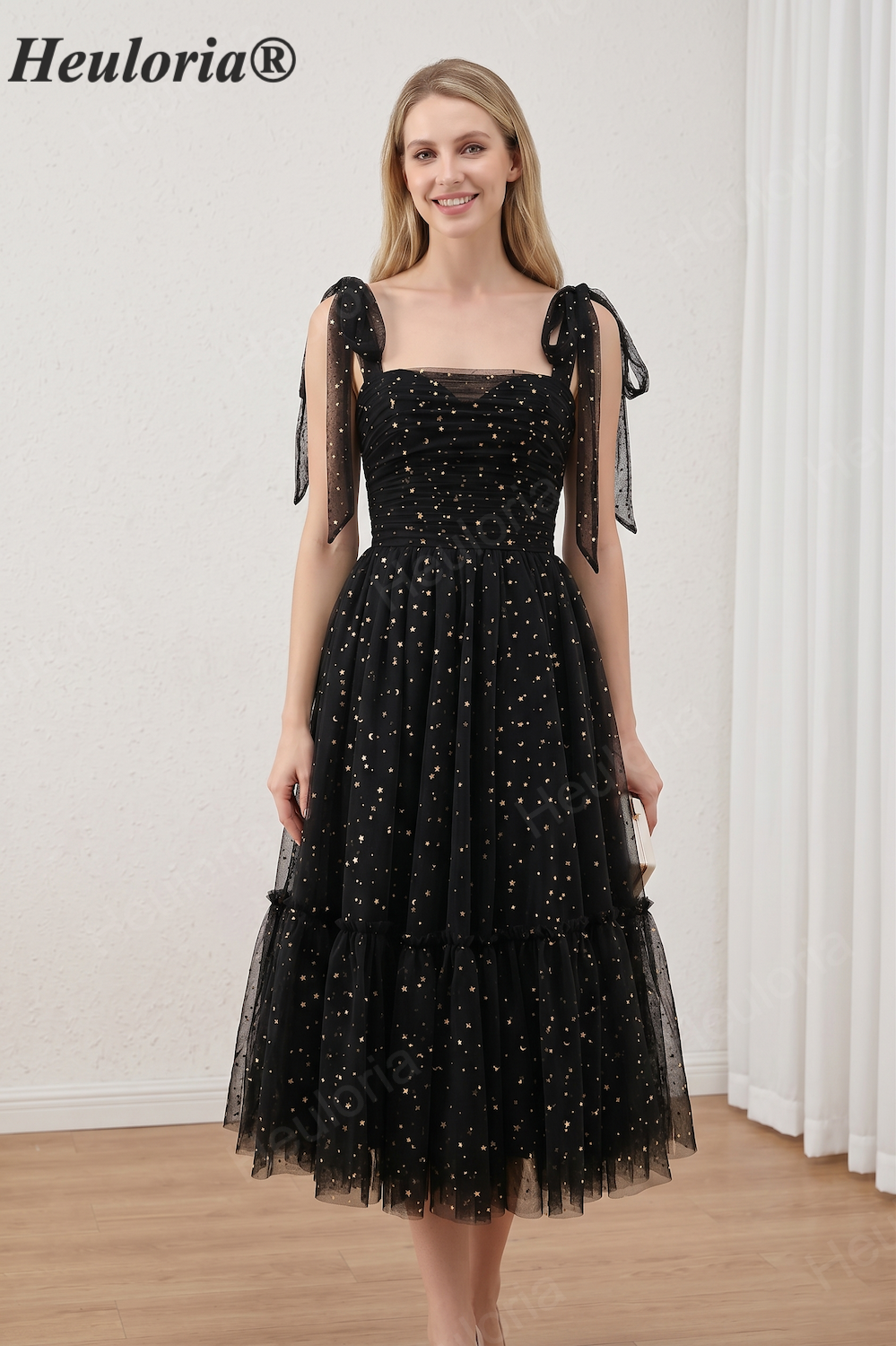 HEULORIA Celestial Starry Tulle Tea-Length Prom Dress - Tie-Shoulder A-Line Formal Gown ED-445