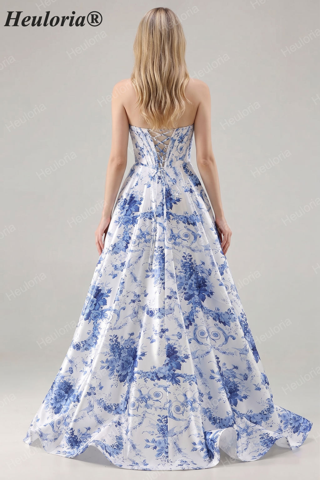 Heuloria Elegant Toile de Jouy Blue and White Porcelain Print A-Line Prom Dress with High Slit & Corset Bodice ED-513