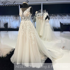 HEULORIA  Elegant V Neck A line Wedding dress Lace Bead Customized Bridal Dresses Lace Up Back