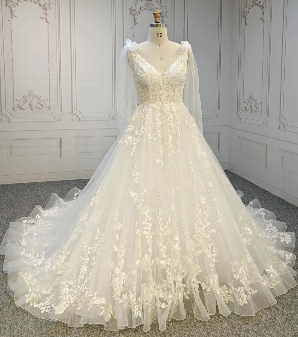 HEULORIA V-Neck Lace Tulle Ball Gown Wedding Dress with Shoulder Drapes