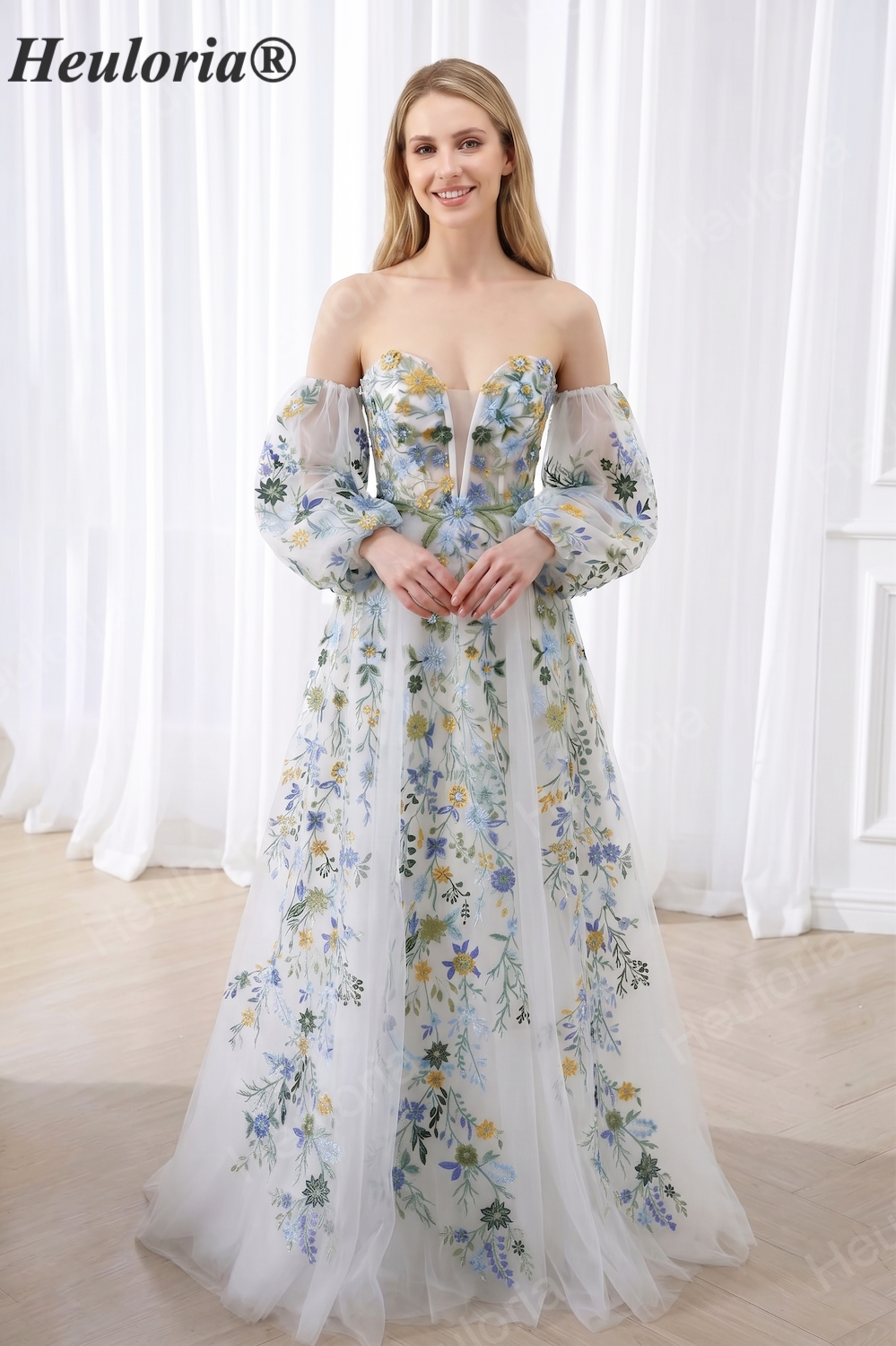 HEULORIA Romantic Off-The-Shoulder Floral Embroidered Puff Sleeve Tulle A-Line Gown ED-667 Imagen principal del producto
