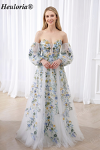 HEULORIA Romantic Off-The-Shoulder Floral Embroidered Puff Sleeve Tulle A-Line Gown ED-667