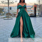 Off The Shoulder Satin Evening Dresses High Split Sexy With Pockets Lace Up Back Vintage Long Prom Dresses Wedding Party Gowns