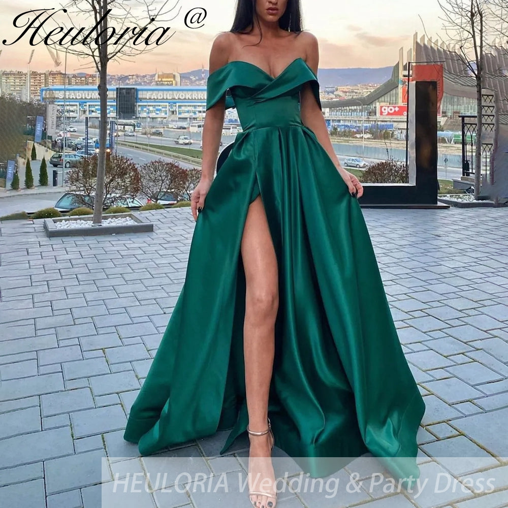Off The Shoulder Satin Evening Dresses High Split Sexy With Pockets Lace Up Back Vintage Long Prom Dresses Wedding Party Gowns