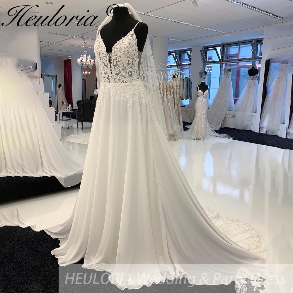 HEULORIA Chiffon Wedding Gowns Customized Open Back Bridal Boho Long Wedding Dresses Lace Appliques V neck Vestido Boda AL-929