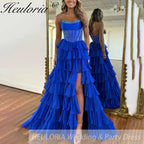 Sexy Strapless evening dress Chiffon Blue Tiered Ruffles with Slit Crystal A-Line Lace-upParty Gowns Customized