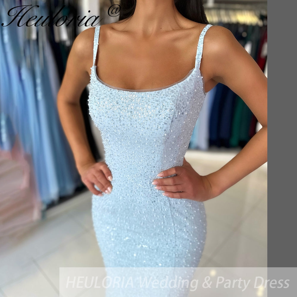 Customized Blue Spaghetti Strap Beaded Prom Dresses Mermaid evening dress vestidos de noiva Floor-Length Evening Dress 2025
