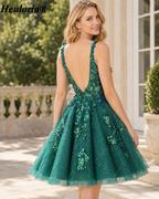 HEULORIA Dark Green Sequin Tulle A-Line Mini Homecoming Dress with Plunging V-Neck – ED-281