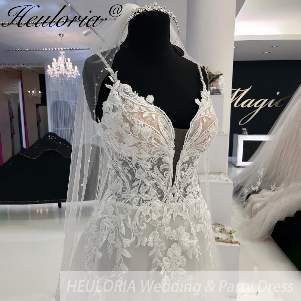 HEULORIA Spaghetti Straps Vintage Lace Wedding Dress With V Neckline Bride Dress Tulle Beach Bridal Gown trouwjurk  Customized AL-940 Secondary image