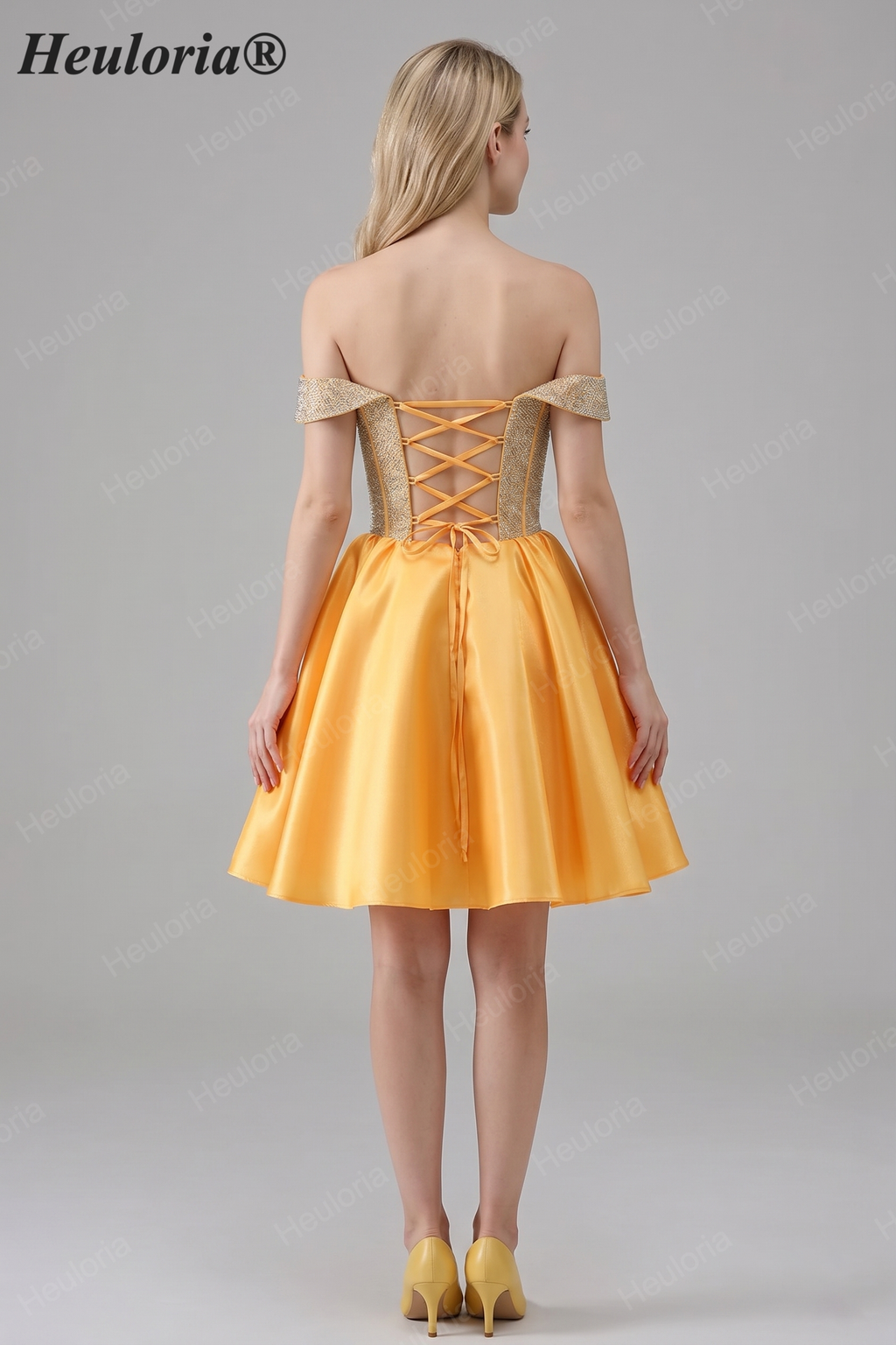 HEULORIA Sparkly Rhinestone Corset Homecoming Dress Off-the-Shoulder Satin Mini Party Gown ED-596