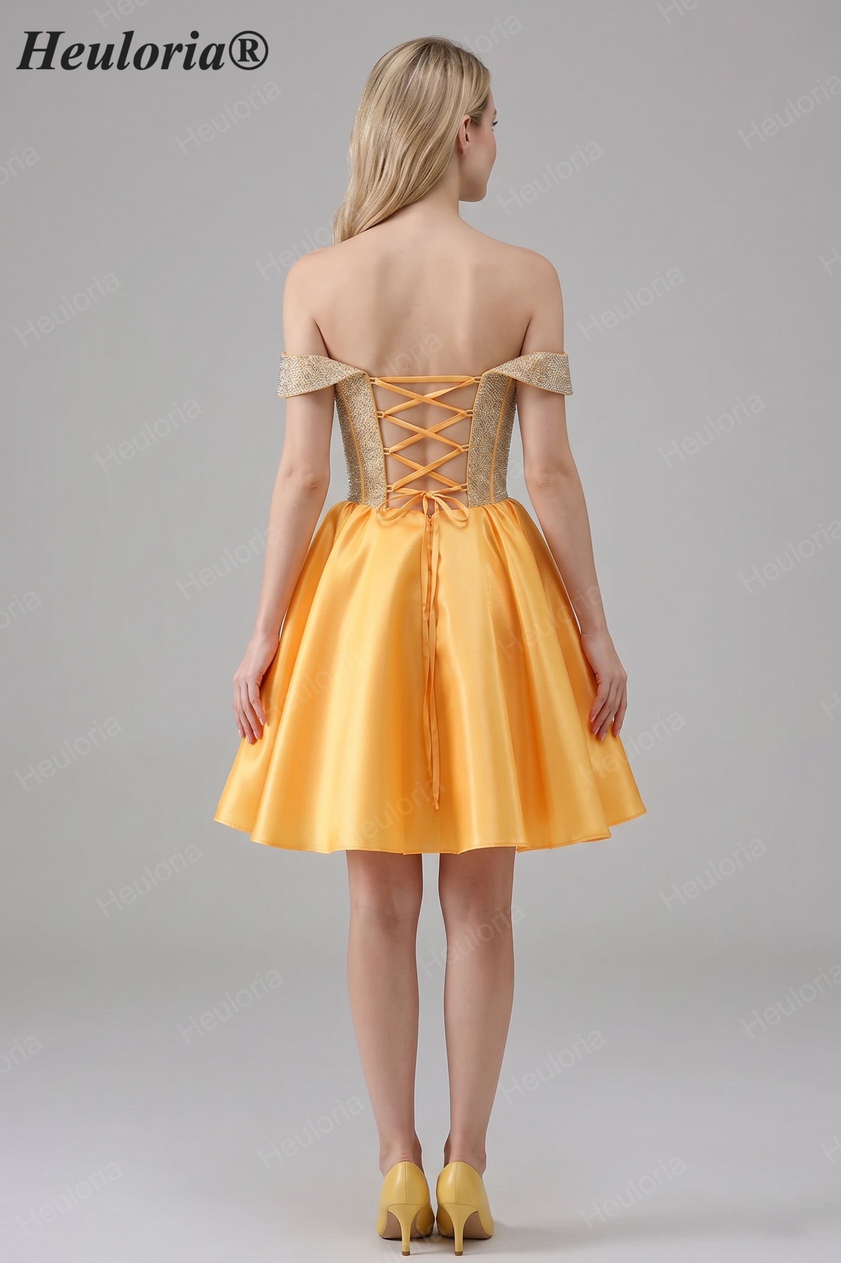 HEULORIA Sparkly Rhinestone Corset Homecoming Dress Off-the-Shoulder Satin Mini Party Gown ED-596
