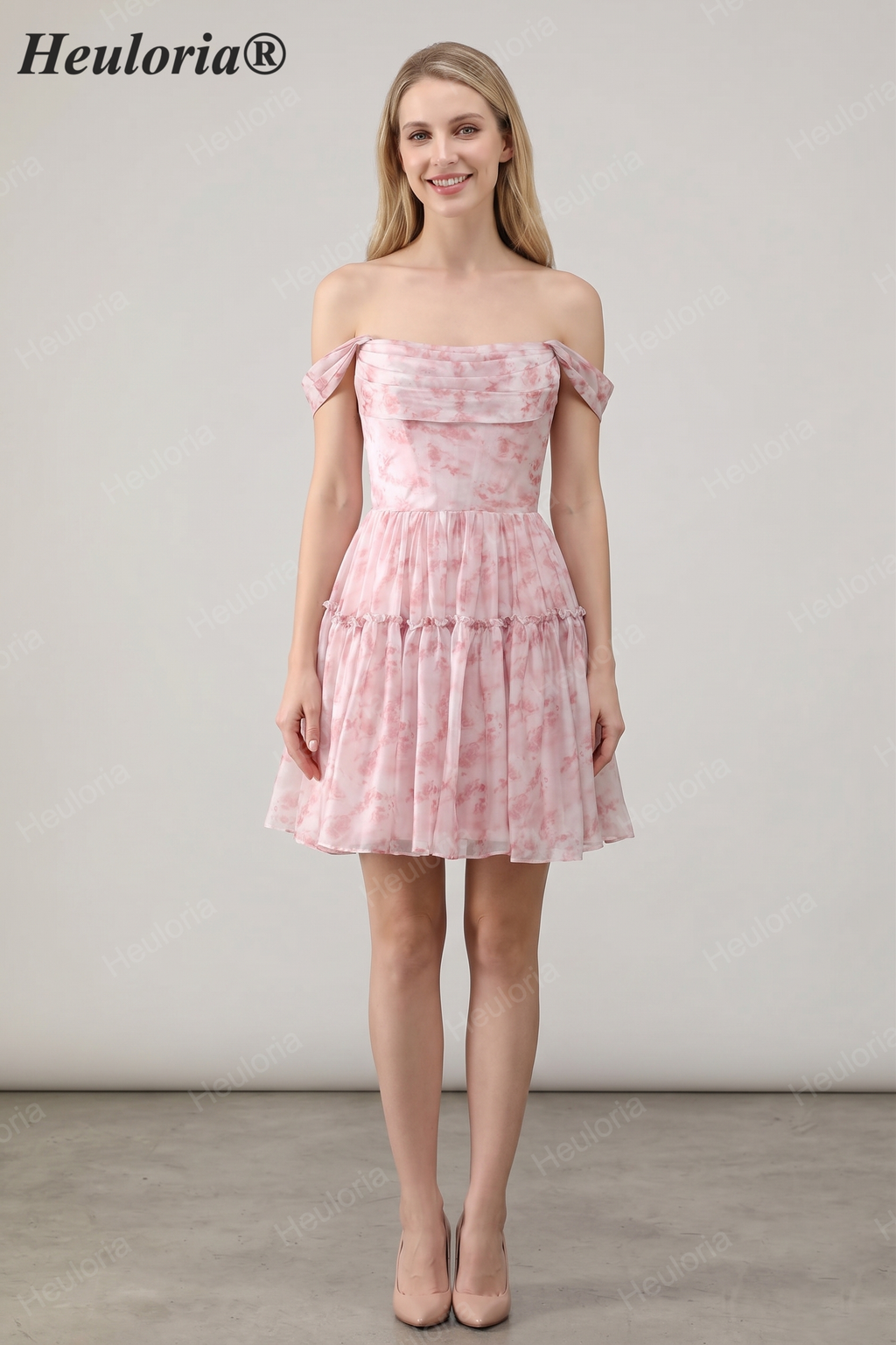 HEULORIA Ethereal Watercolor Floral Off-the-Shoulder Tiered Mini Dress ED-600