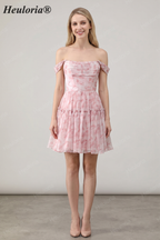 HEULORIA Ethereal Watercolor Floral Off-the-Shoulder Tiered Mini Dress ED-600