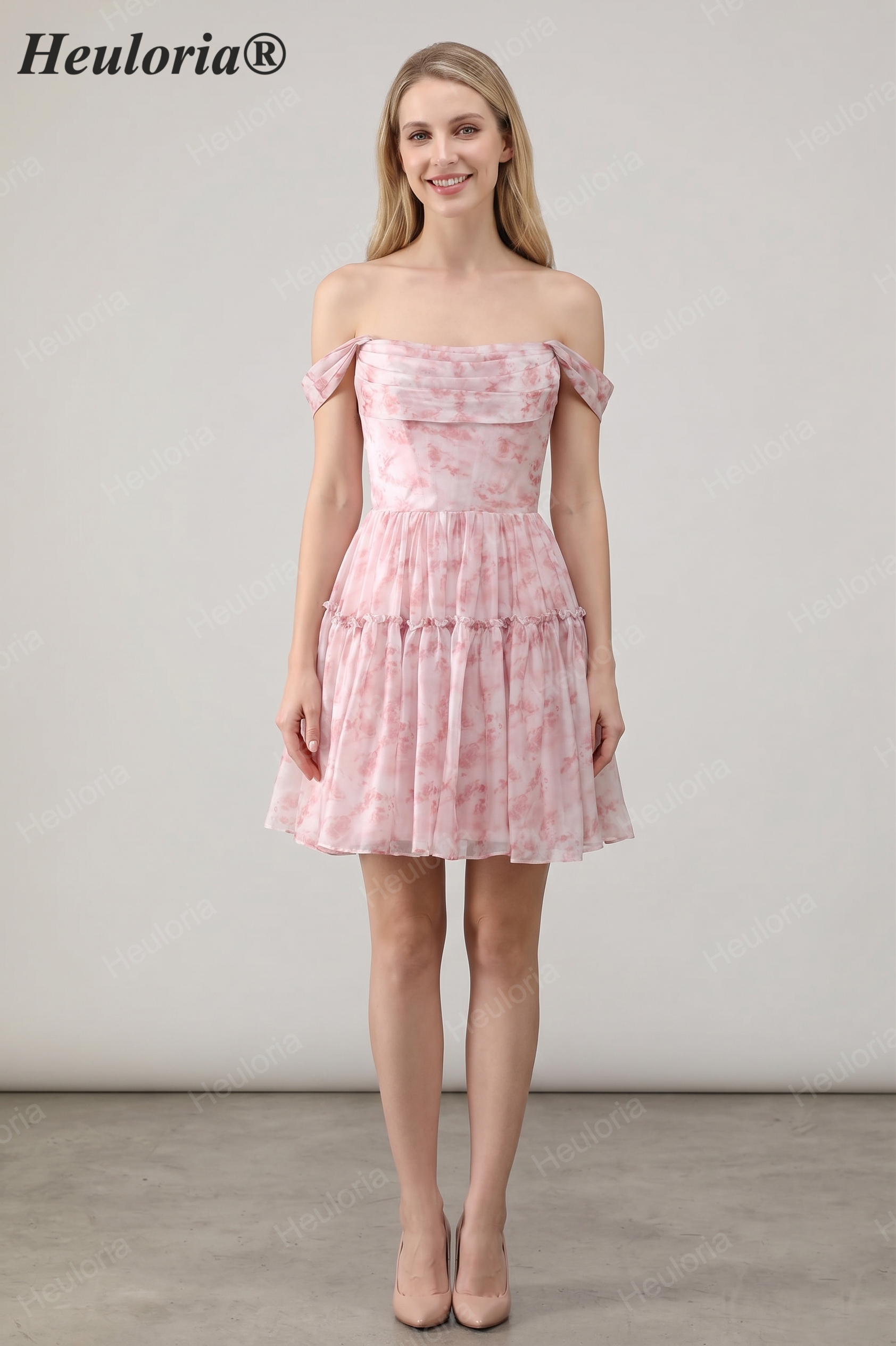 HEULORIA Ethereal Watercolor Floral Off-the-Shoulder Tiered Mini Dress ED-600
