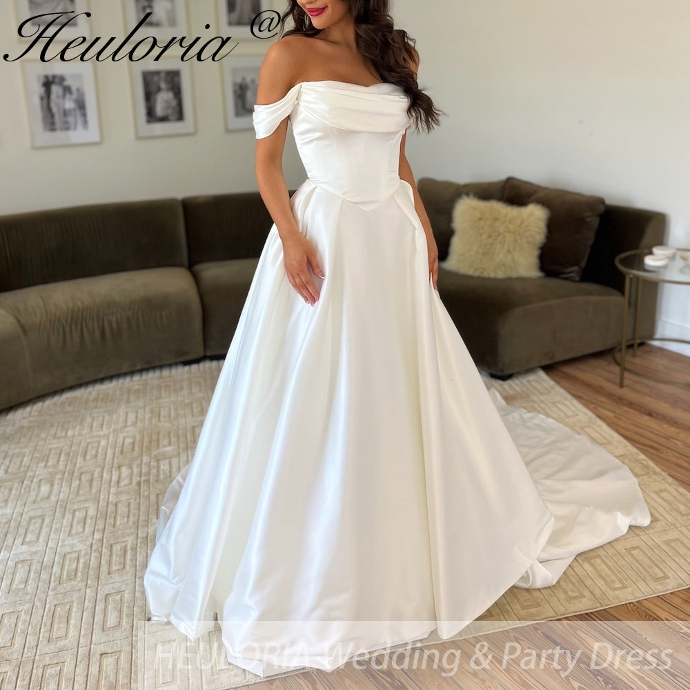 HEULORIA elegant A line wedding dress off shoulder pleate satin bridal dress Sweep Train Customized AL-956