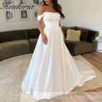 HEULORIA elegant A line wedding dress off shoulder pleate satin bridal dress Sweep Train Customized AL-956