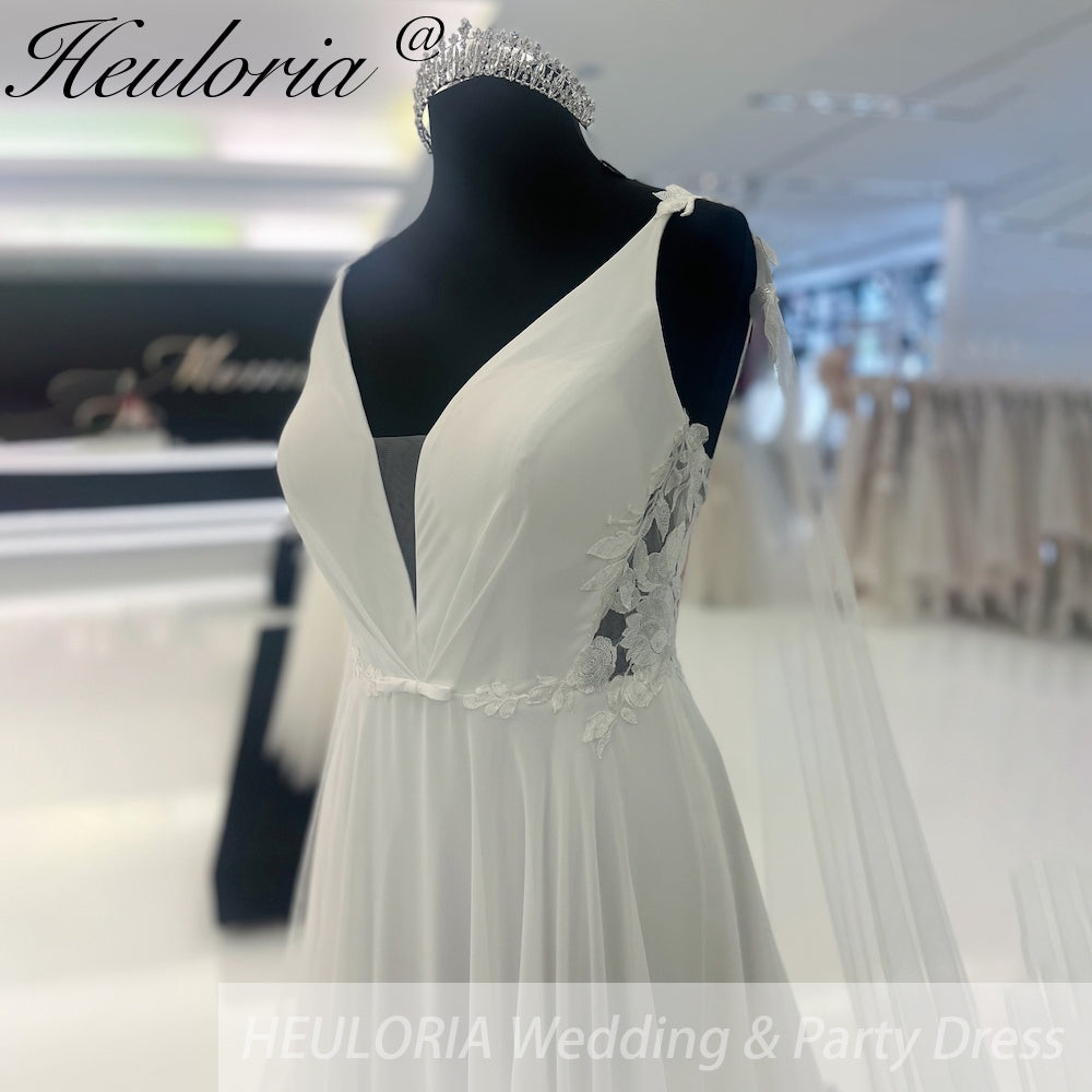 HEULORIA Boho V Neck A-Line Wedding Dress Chiffon Backless lace Court Train Bridal Dresses  Customized AL-925