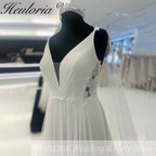 HEULORIA Boho V Neck A-Line Wedding Dress Chiffon Backless lace Court Train Bridal Dresses  Customized AL-925