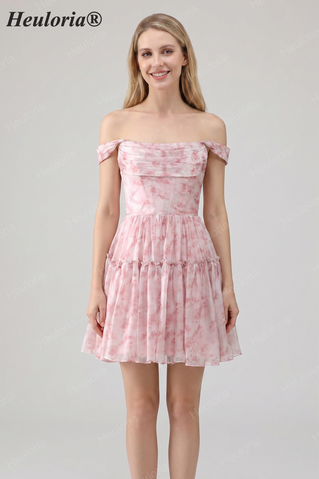 HEULORIA Ethereal Watercolor Floral Off-the-Shoulder Tiered Mini Dress ED-600
