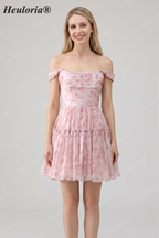 HEULORIA Ethereal Watercolor Floral Off-the-Shoulder Tiered Mini Dress ED-600