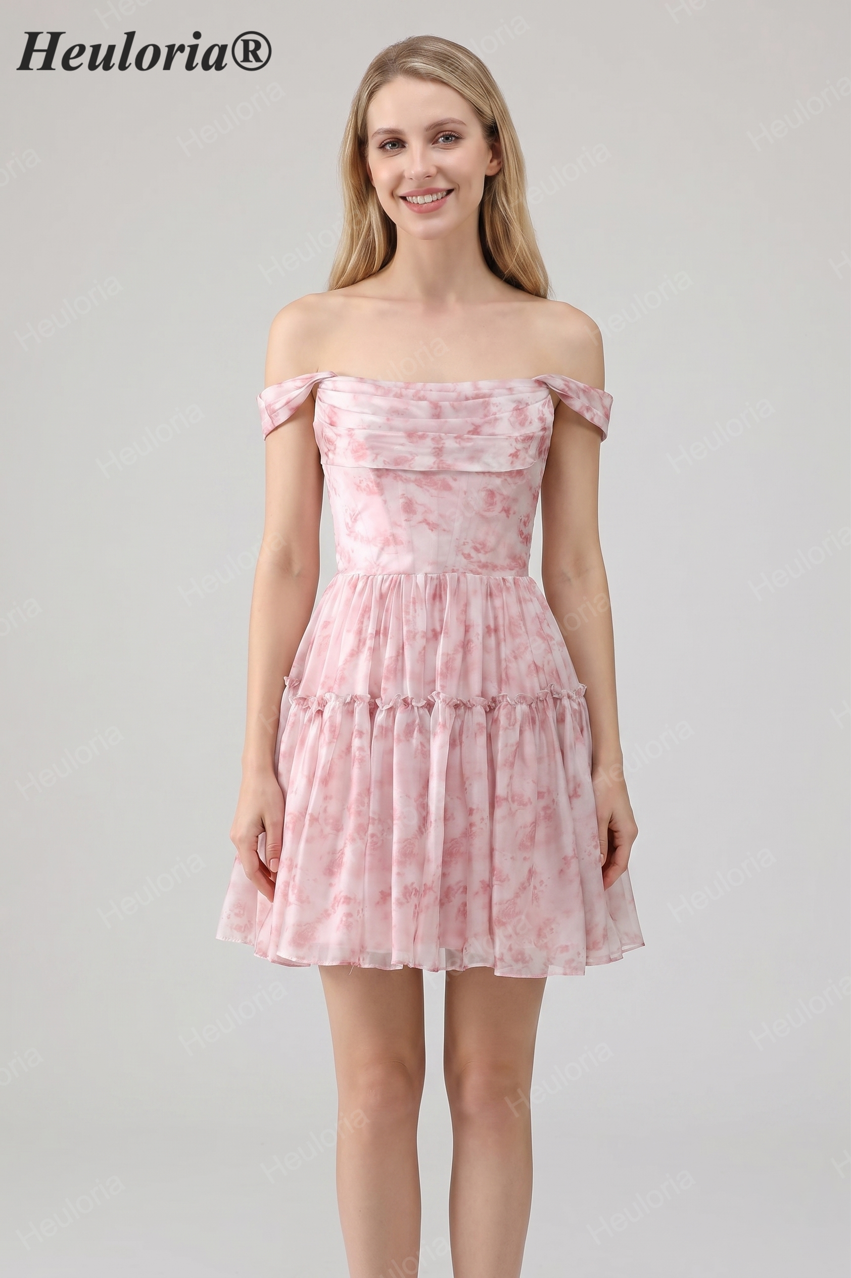 HEULORIA Ethereal Watercolor Floral Off-the-Shoulder Tiered Mini Dress ED-600