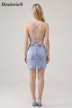 HEULORIA Floral Embroidered Sequin Bodycon Mini Dress with Sheer Mesh Cut-outs and Lace-Up Back ED-597