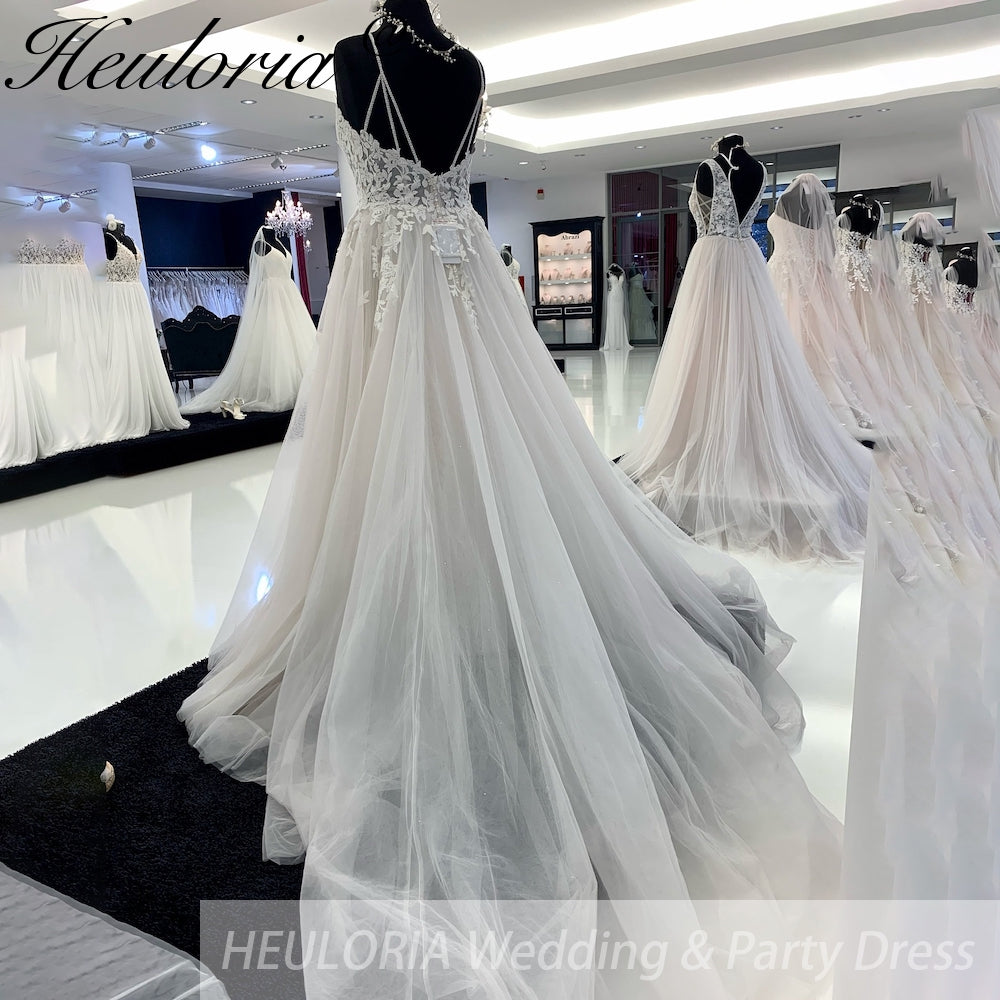 HEULORIA  Spaghetti Straps a line Wedding dress For Bride Lace Backless bridal dress Robe De Mariée Customized AL-928
