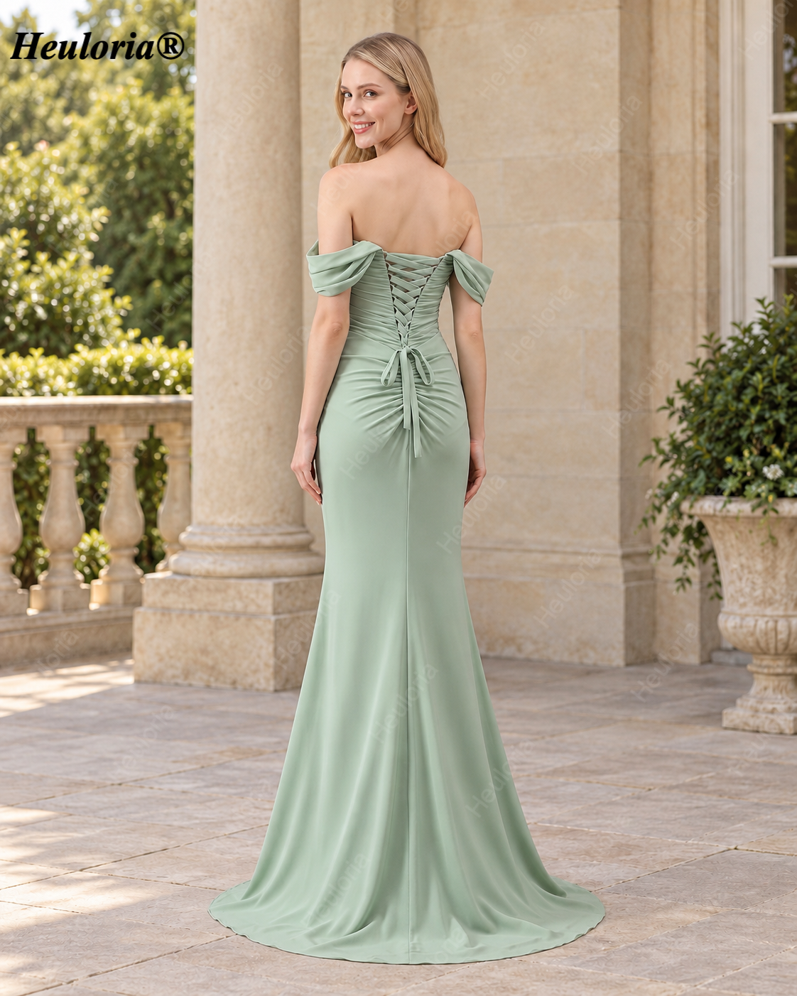 Heuloria Sage Green Off-Shoulder Ruched Chiffon Mermaid Bridesmaid Dress ED-654