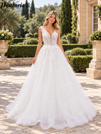 Illusion Deep V Floral Lace A-Line Wedding Dress with Corset AL-1032