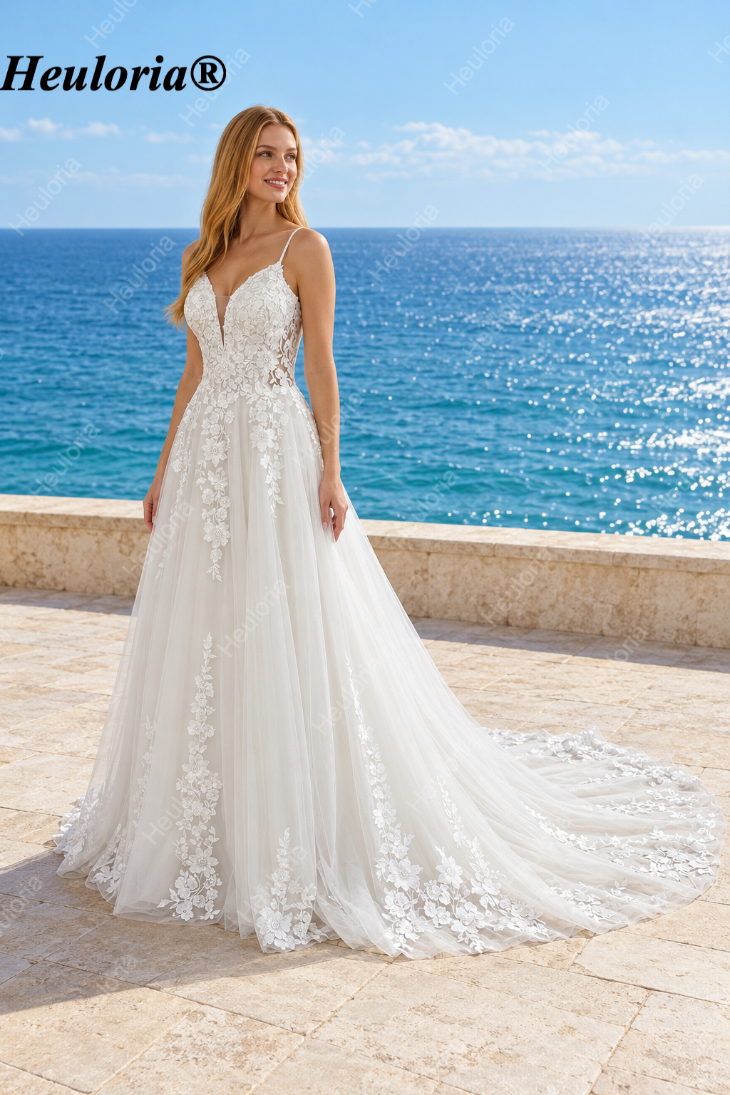 Deep V 3D Floral Lace A-Line Wedding Dress with Spaghetti Straps AL-1051