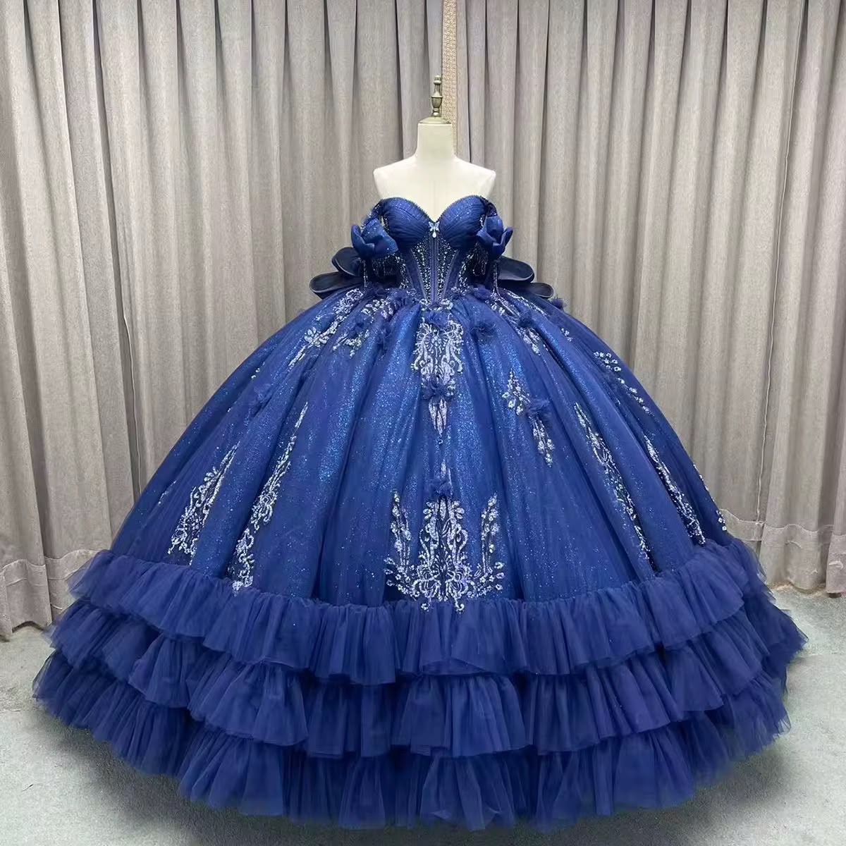Royal Blue Sparkly Quinceañera Ball Gown with Corset Bodice & Tiered Ruffle Skirt