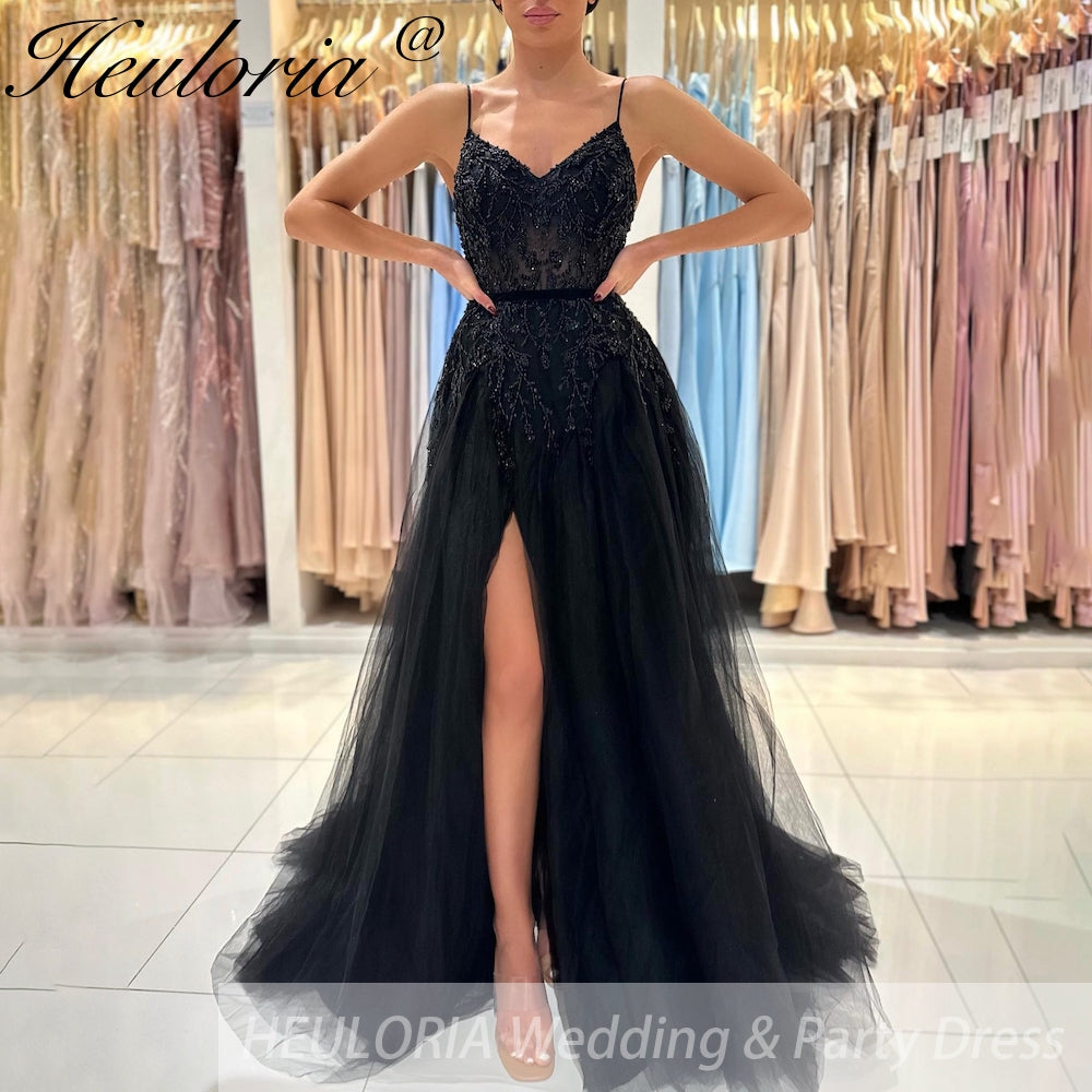 Customized Elegant A-Line Sexy Black Side Split Prom Dress Spaghetti Shoulder Strap Decal Beaded Ruffle Party Evening Dress 2025 Image principale du produit