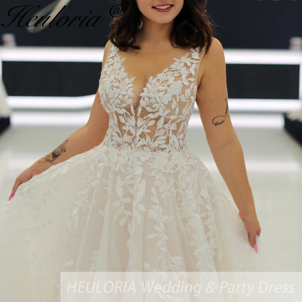 HEULORIA Luxury Glitter Tulle A line Wedding Gowns V neck Beading Lace Beach Bridal Dresses AL-946A