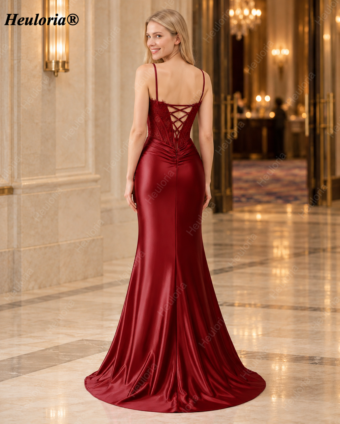 HEULORIA Burgundy Satin Mermaid Evening Dress with Draped Cowl Neck and Lace-Up Corset Back ED-578 Secondary image