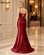 HEULORIA Burgundy Satin Mermaid Evening Dress with Draped Cowl Neck and Lace-Up Corset Back ED-578