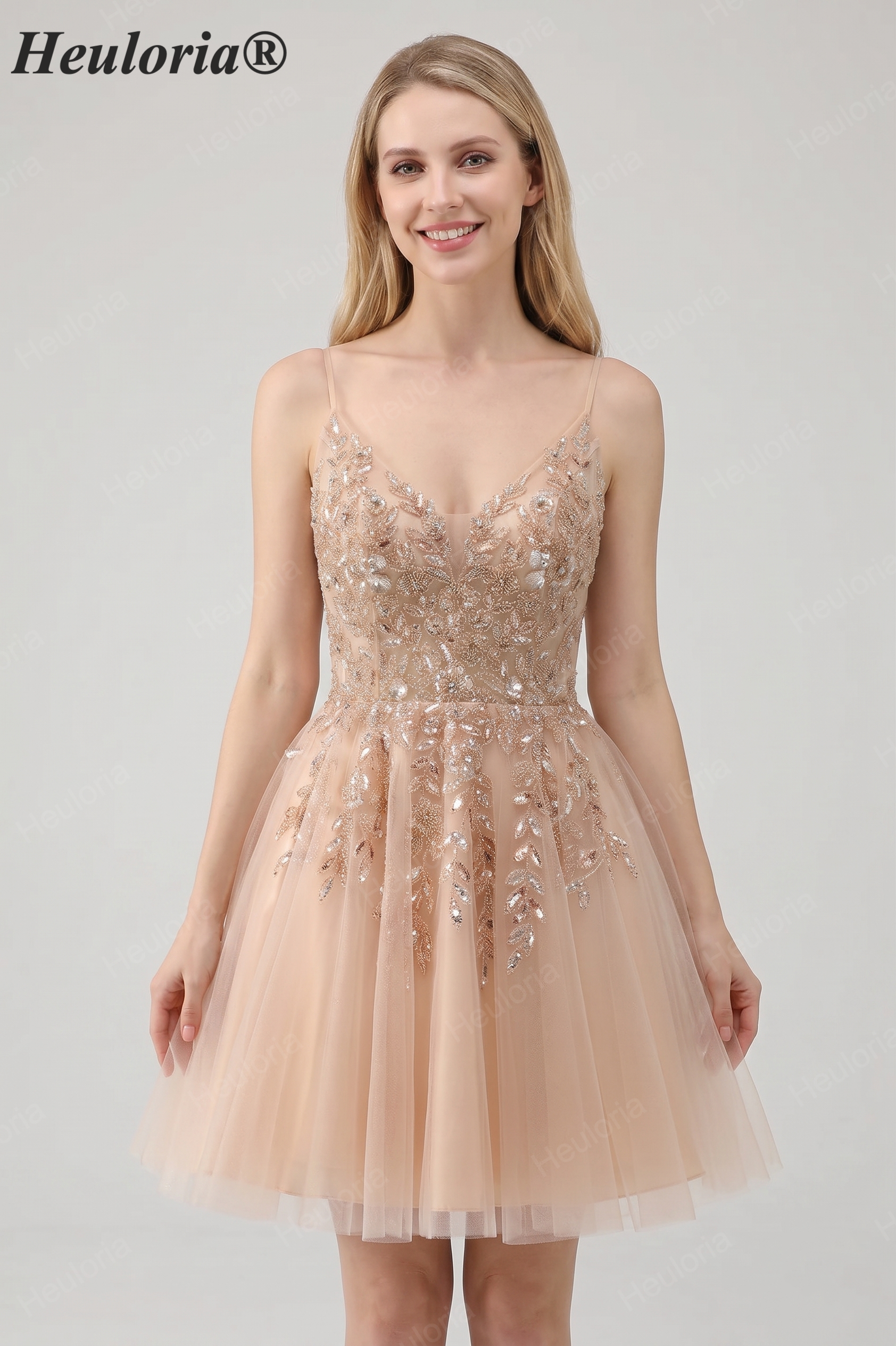 HEULORIA Blush A Line Spaghetti Straps Sequin Tulle Homecoming Dress with Beading ED-311