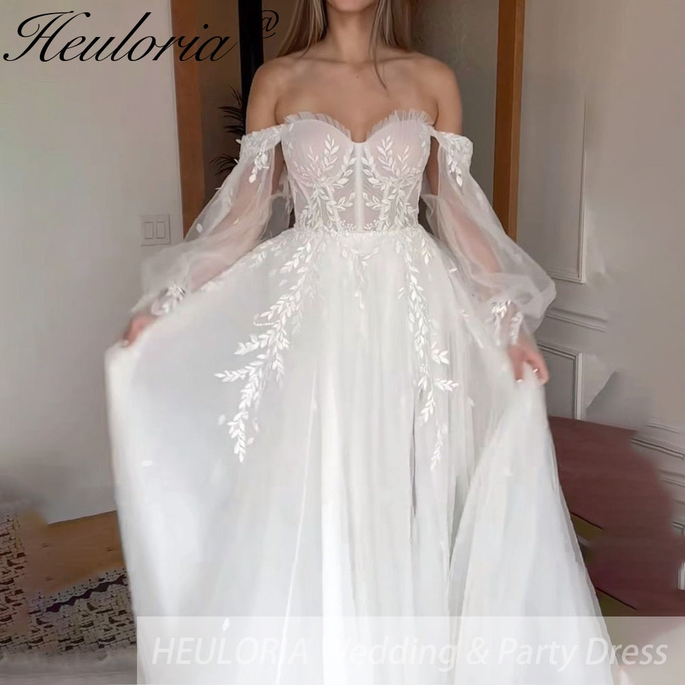 HEULORIA elegant A line wedding dress off shoulder Sparkly Glitter lace bridal dress long sleeve Robe De Mariee Wedding Bride Dress long train AL-517
