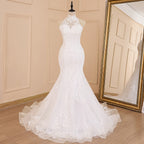 HEULORIA mermaid wedding dress high neck lace beading bride dress long train Robe de mariage ME-605