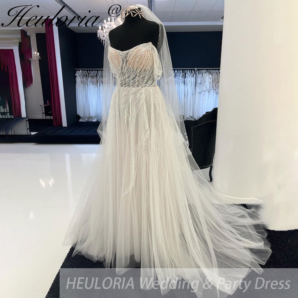 HEULORIA A Line Wedding Dress Off Shoulder beading lace Bridal dress Beach Wedding Gowns Lace Side Split AL-948 Main image